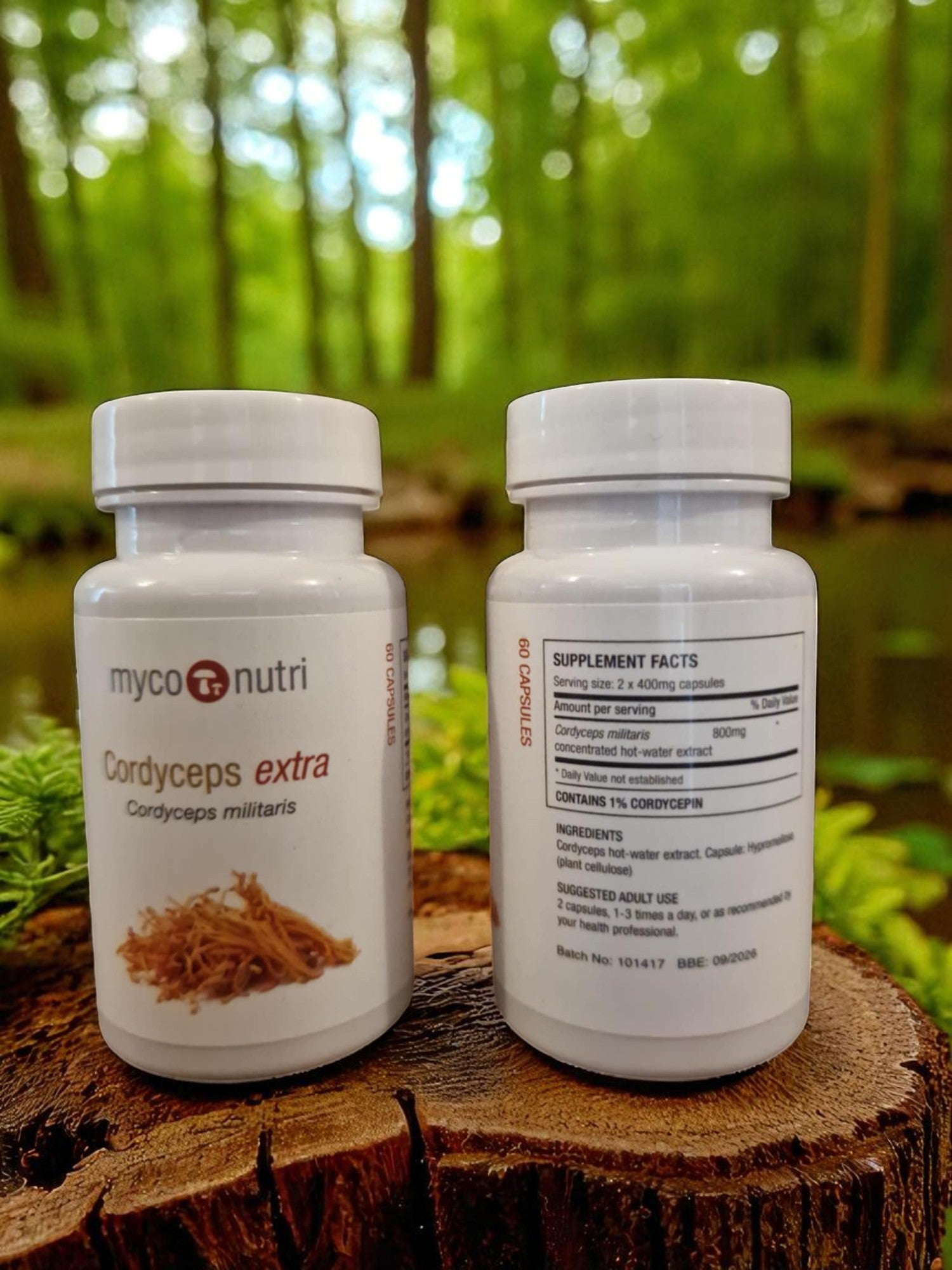 2 containters with myconutri cordyceps extra, medicinal mushroom extract, front and back of label