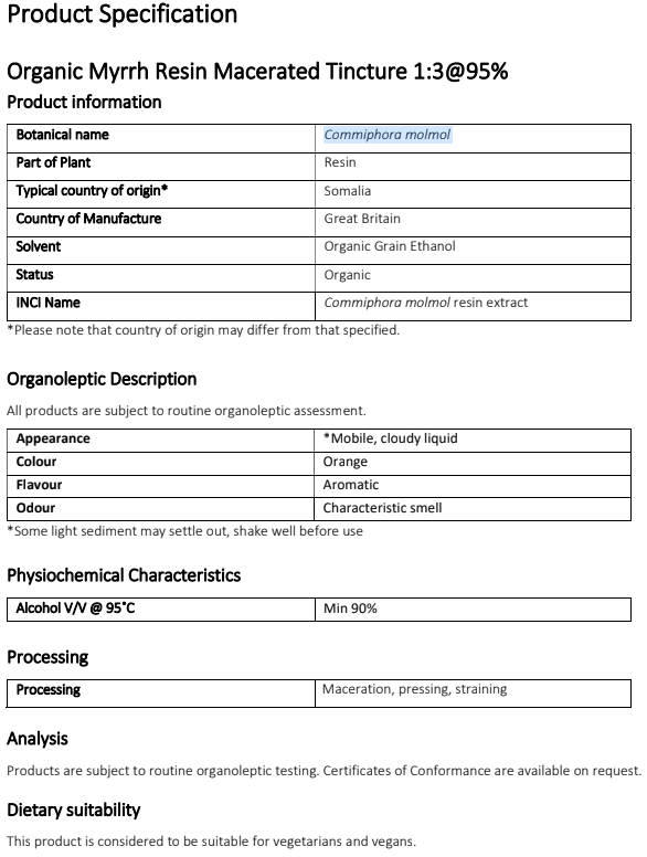 Organic myrrh tincture product specification