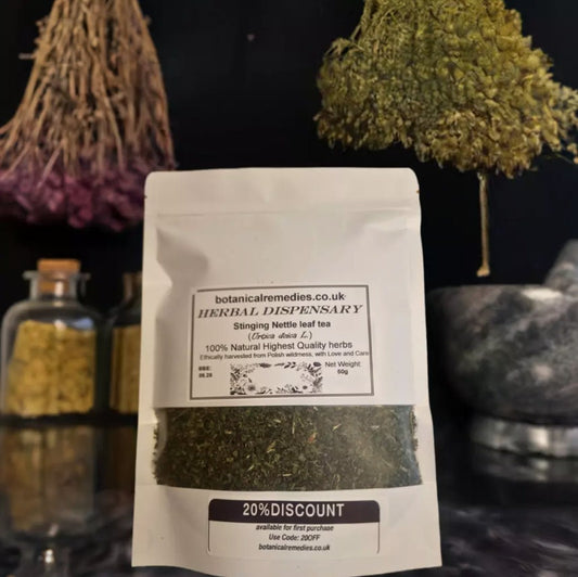 Package with Nettle leaf, dried and cut, loose herbal tea, an herbal remedy