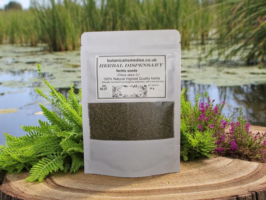 Package with nettle seeds, loose herbal tea, an herbal remedy