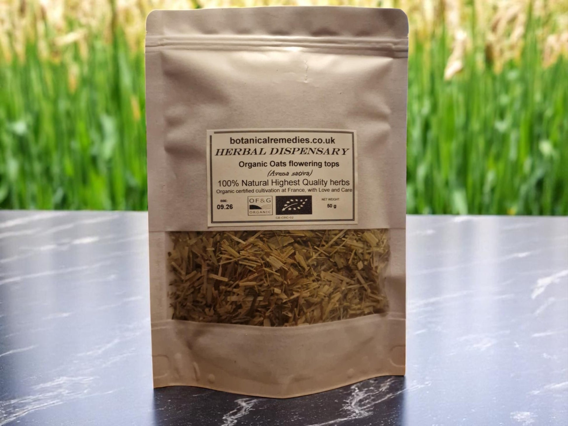Package with Organic Oats flowering tops from botanical remedies herbal Dispensary, dried and cut (loose herbal tea), an herbal remedy