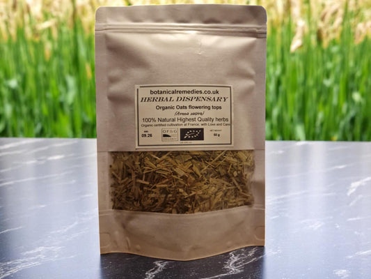 Package with Organic Oats flowering tops from botanical remedies herbal Dispensary, dried and cut (loose herbal tea), an herbal remedy
