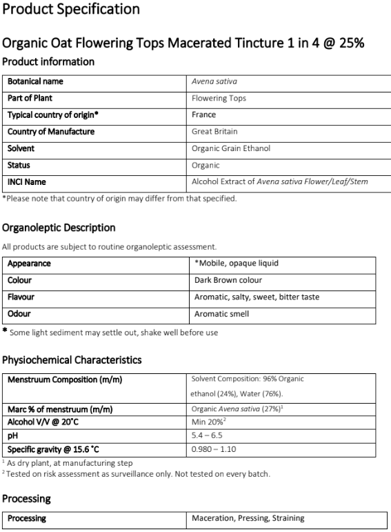 product specification for Organic Oat flowering tops tincture from Botanical Remedies