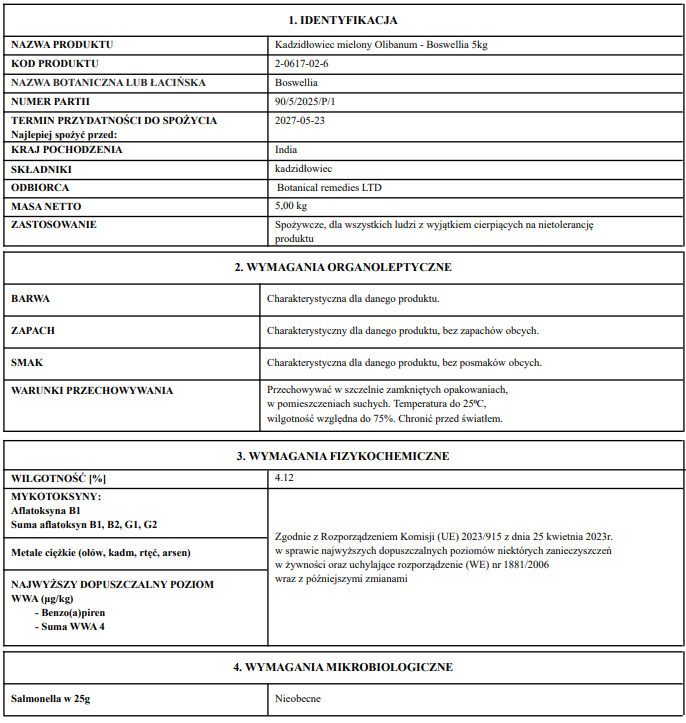 Certificate of analysis for Olibanum resin powder product