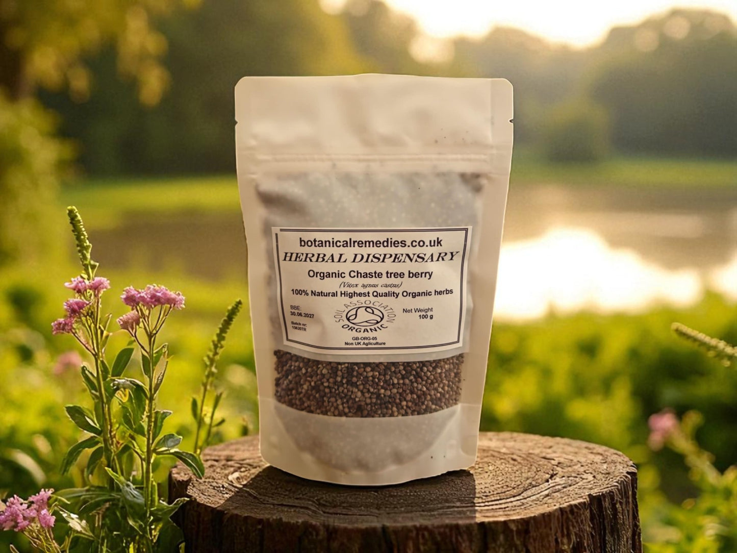 Zipped bag of Organic Agnus castus berries (chaste berry) from Botanical Remedies, herbal Dispensary, an herbal remedy, loose herbal tea