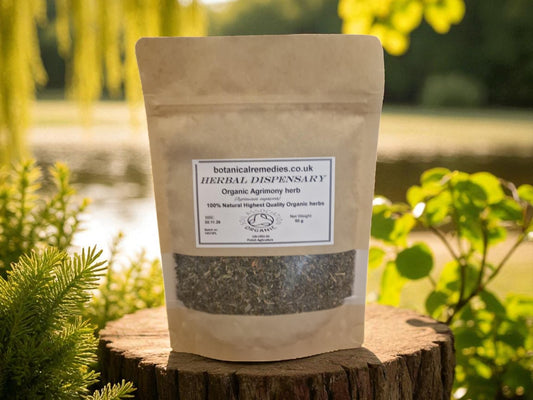 Bag of Agrimony herb from Botanical Remedies herbal dispensary, an herbal remedy, loose herbal tea