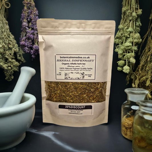 Package with Organic Alfalfa herb from Botanical Remedies herbal dispensary, loose herbal tea, an herbal remedy