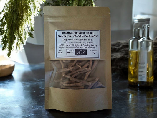 Package with Organic Ashwagandha root from Botanical Remedies herbal dispensary, an herbal remedy