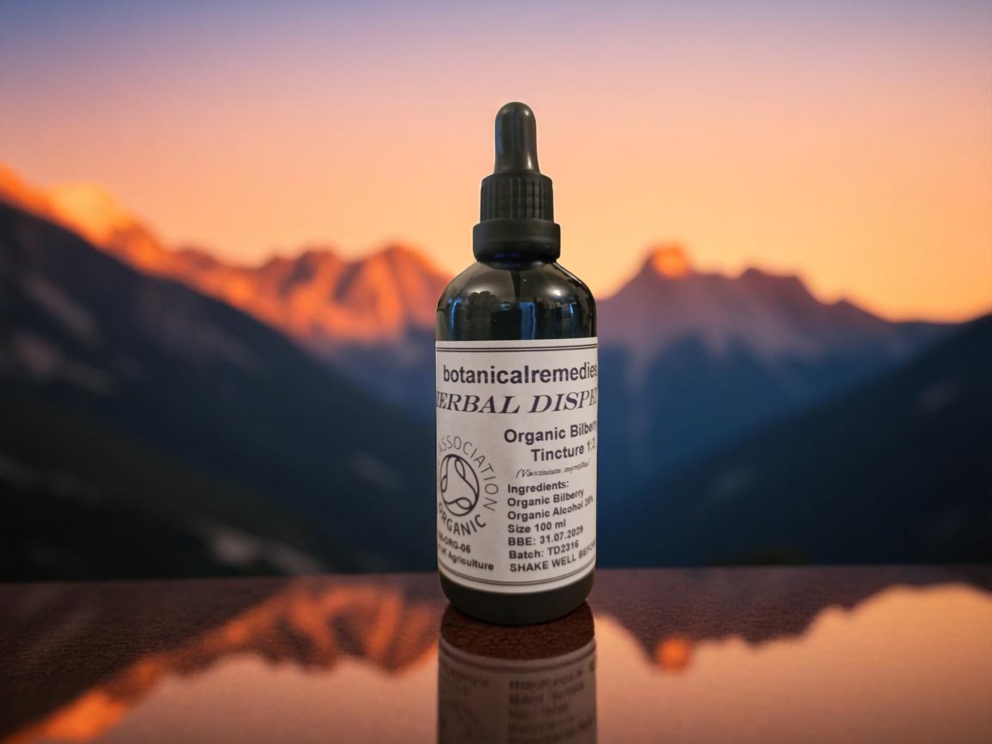 Dropper bottle contains Organic Bilberry Tincture from Botanical Remedies herbal dispensary, an herbal remedy