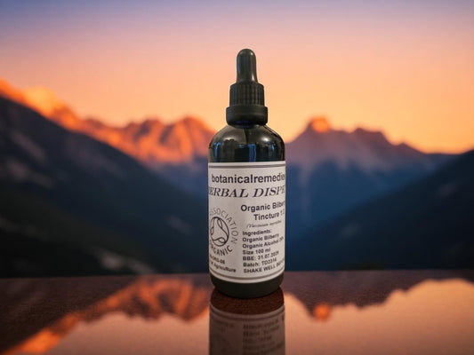 Dropper bottle contains Organic Bilberry Tincture from Botanical Remedies herbal dispensary, an herbal remedy