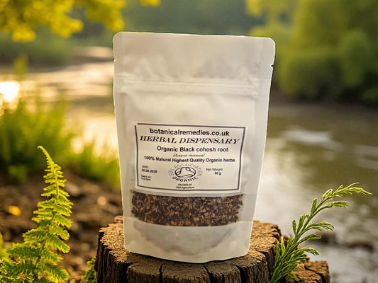 Bag of organic black cohosh root from Botanical Remedies Herbal Dispensary, an herbal remedy, loose herbal tea
