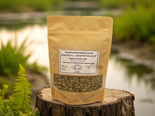 Package of organic Buchu leaf from Botanical Remedies herbal dispensary, an herbal remedy, loose herbal tea