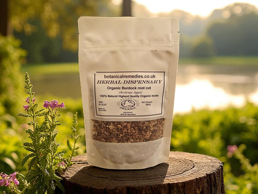 Zipped package of organic burdock root cut from botanical remedies herbal dispensary, an herbal remedy, loose herbal tea