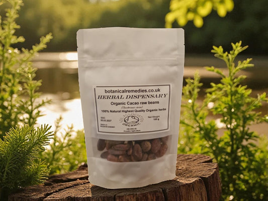 Bag of organic cacao raw beans from Herbal Dispensary, an herbal remedy