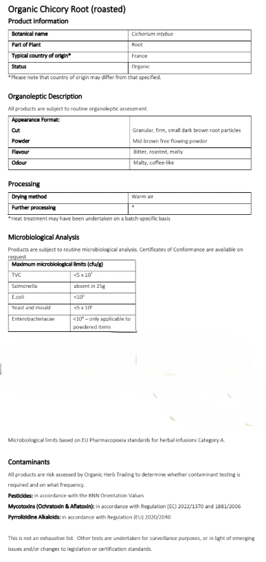product specification for Organic Chicory roasted root