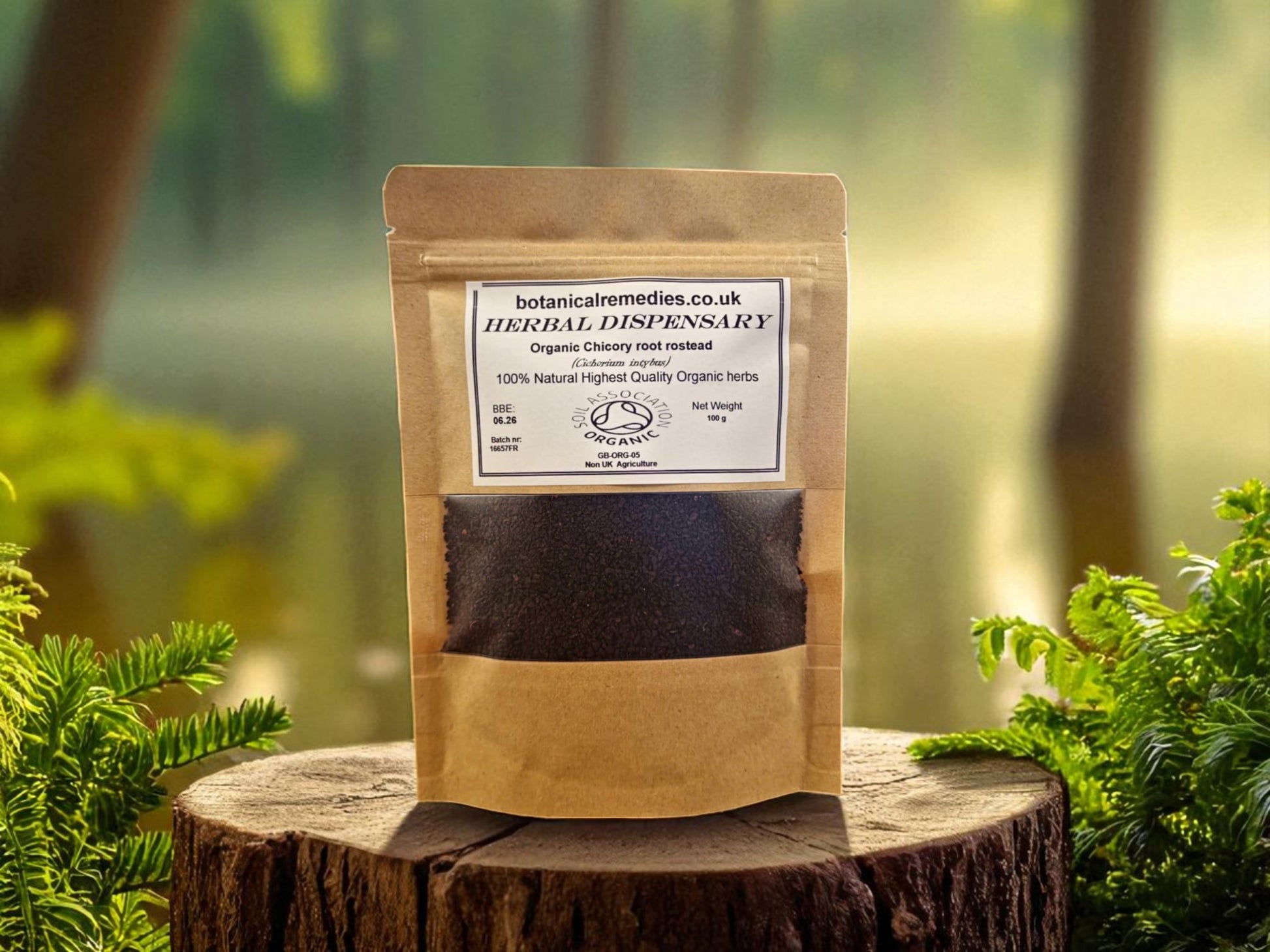Package with Organic Chicory roasted root, loose herbal tea, an herbal remedy