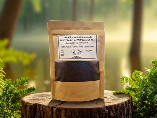 Package with Organic Chicory roasted root, loose herbal tea, an herbal remedy