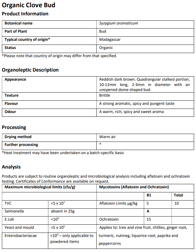Product information sheet for Organic Clove Bud with details on botanical name, part of plant, country of origin, appearance, texture, flavor, odor, processing method, and analysis limits.