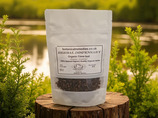 Bag of organic clove buds from Herbal Dispensary, an herbal remedy, loose herbal tea