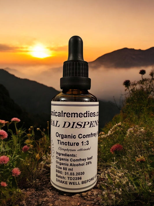 Bottle of Organic Comfrey leaf Tincture, an herbal remedy from Botanical Remedies herbal dispensary