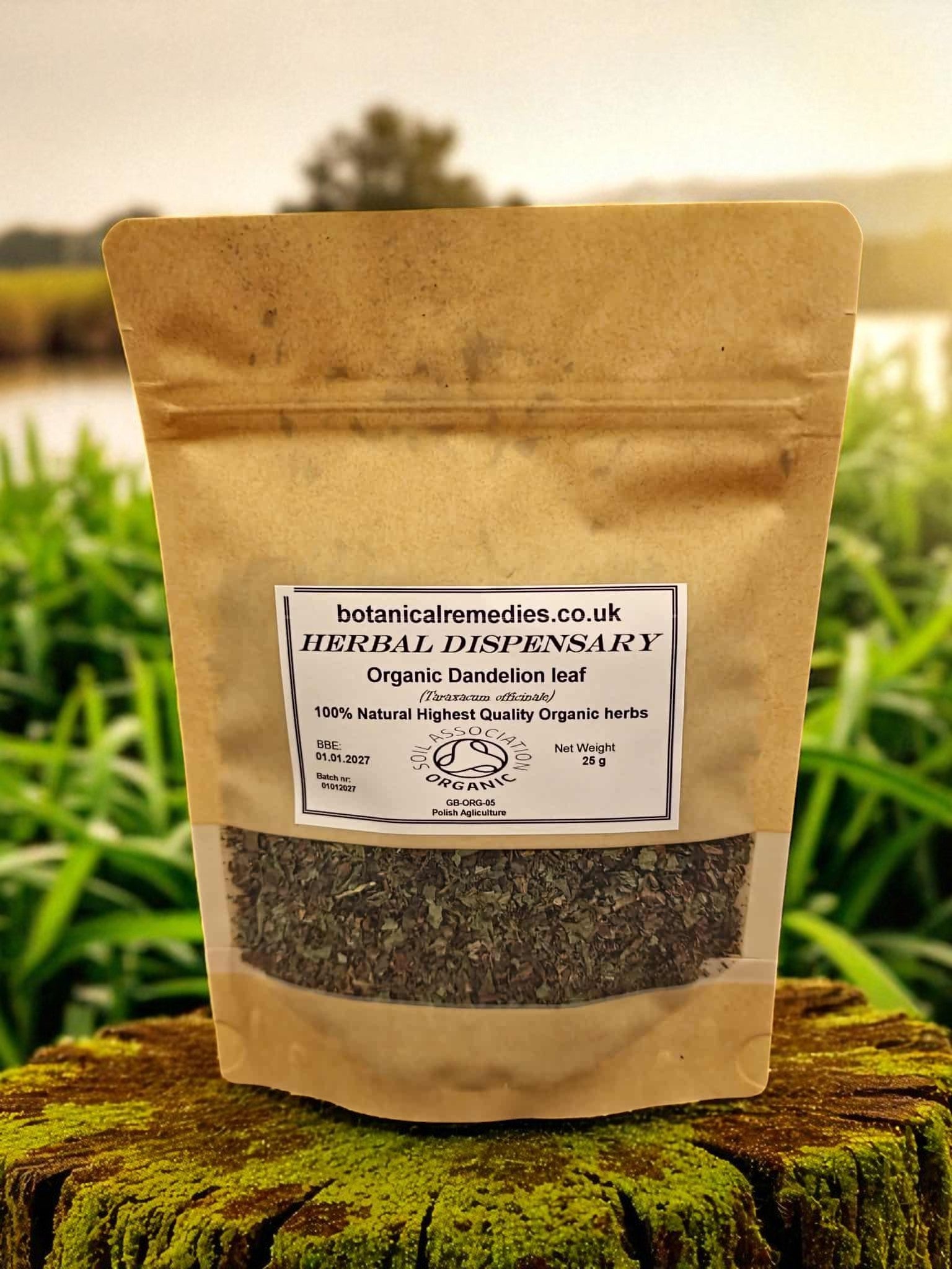 Bag of organic dandelion leaf from Botanical Remedies Herbal Dispensary, an herbal remedy, loose herbal tea