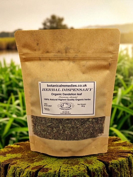 Bag of organic dandelion leaf from Botanical Remedies Herbal Dispensary, an herbal remedy, loose herbal tea