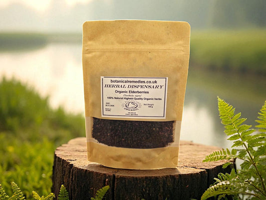 Bag of organic Elderberries from Botanical Remedies Herbal Dispensary, an herbal remedy, loose herbal tea