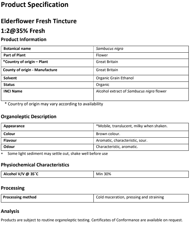 Product specification of Elderflower tincture organic