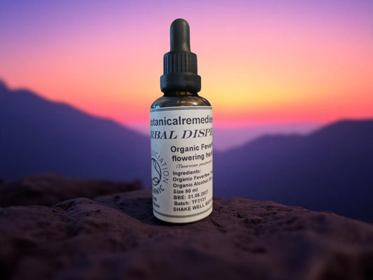 Dropper bottle with Organic Fresh Feverfew Tincture, an herbal remedy especially for migraine