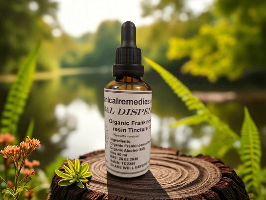 Dropper bottle with Organic Frankincense resin tincture, an herbal remedy from Botanical Remedies