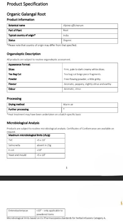 Galangal root organic product specification sheet