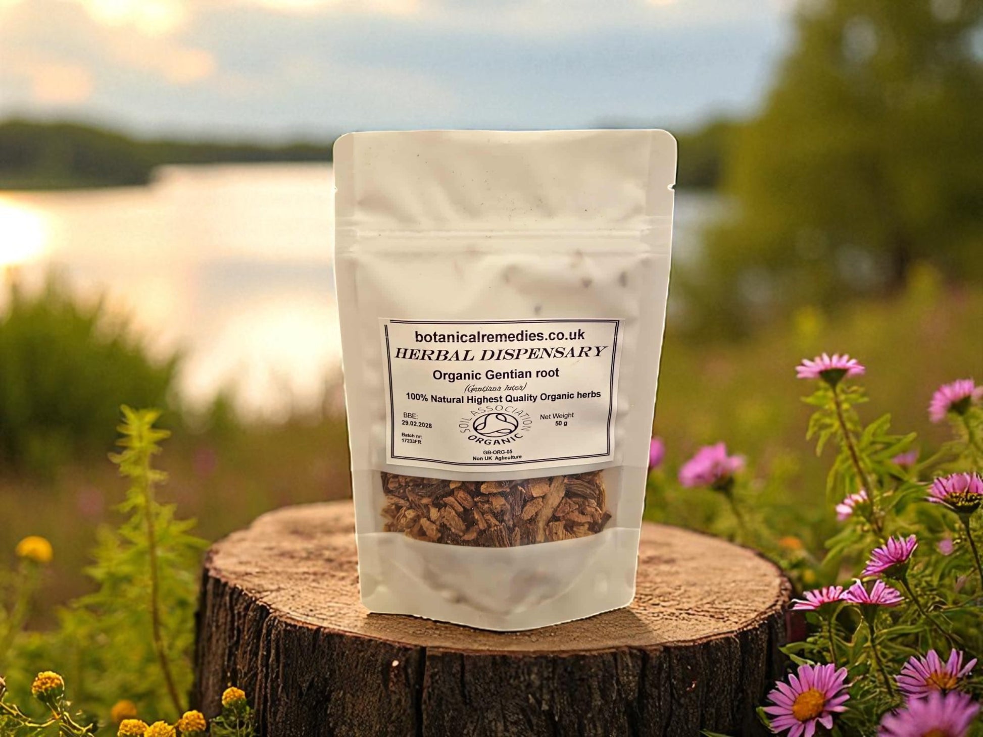 Bag of organic Gentian root from Botanical Remedies Herbal Dispensary, an herbal remedy, loose herbal tea