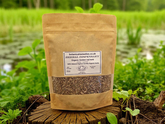 Package with Organic Golden rod herb from Botanical remedies herbal dispensary, an herbal remedy, loose erbal tea