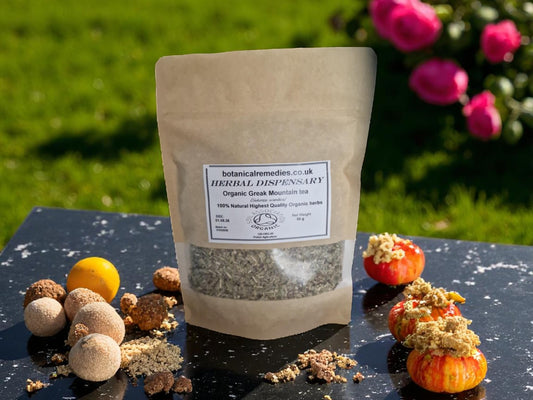 Package with Organic Greek Mountain Tea from Botanical Remedies herbal dispensary, loose herbal tea, an herbal remedy