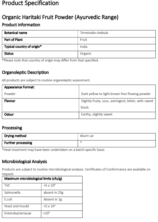 Organic Haritaki fruit powder product specification
