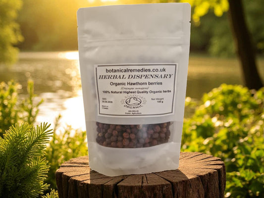 Bag of organic hawthorn berries from Botanical Remedies, an herbal remedy