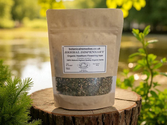 Bag of organic Hawthorn flowering tops from Herbal Dispensary, dried and cut, loose herbal tea, an herbal remedy