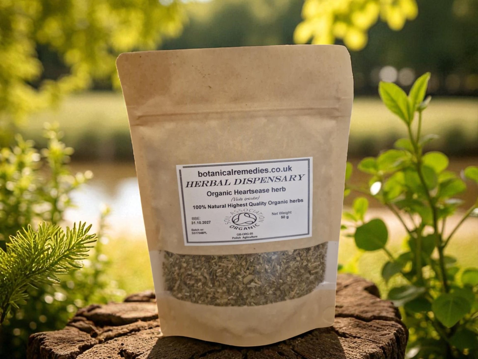 Bag of organic Heartsease herb from Botanical Remedies, an herbal remedy, loose herbal tea
