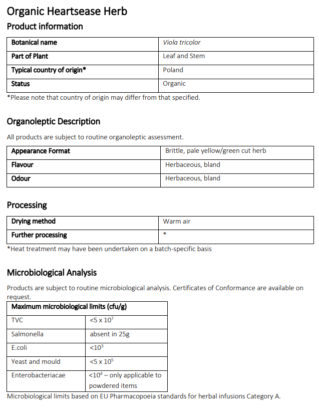 Product information sheet for Organic Heartsease Herb with details on botanical name, part of plant, country of origin, status, organoleptic description, processing methods, and microbiological analysis.