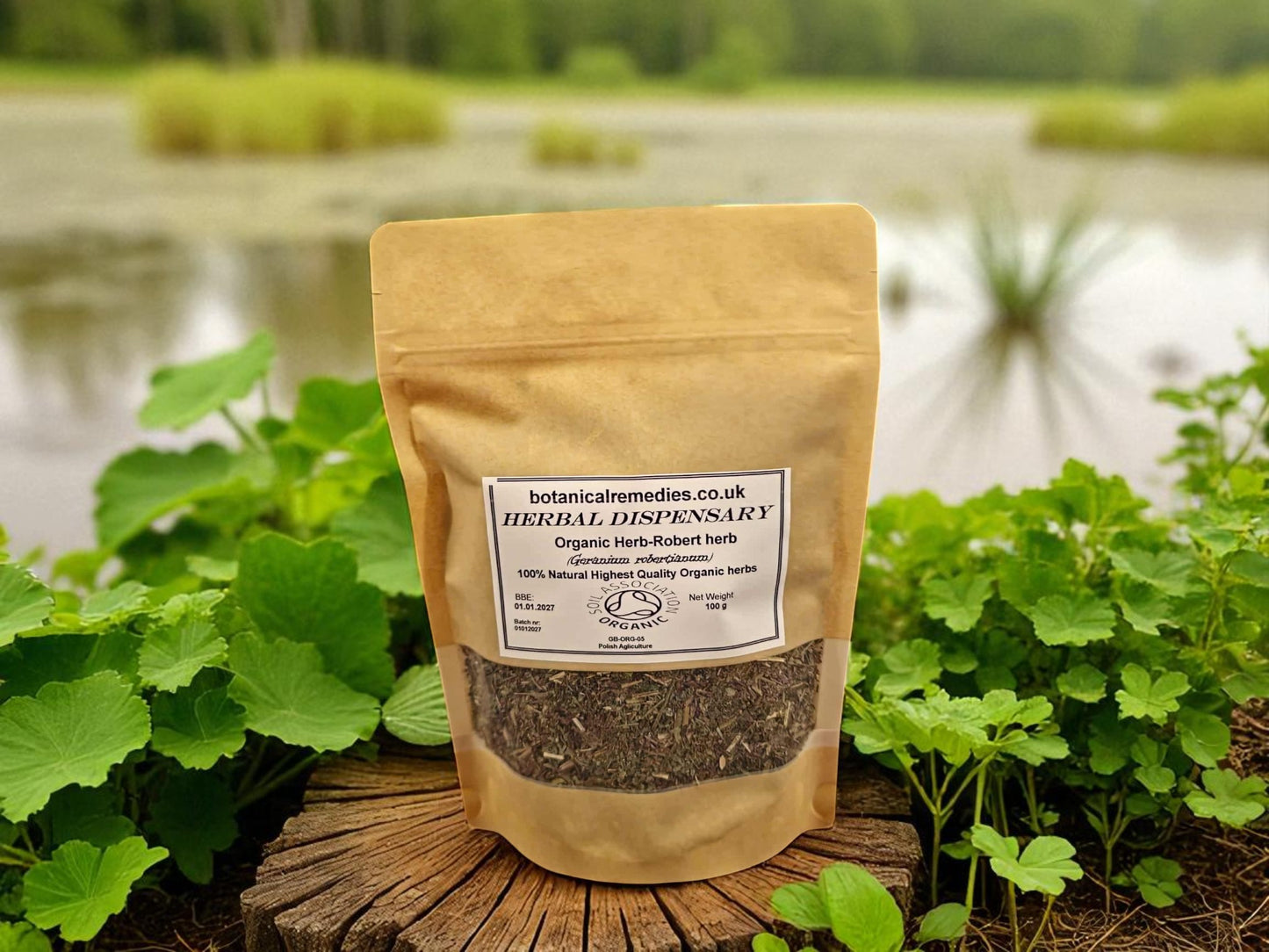Package with Organic Herb-Robert herb from Botanical Remedies herbal dispensary, an herbal remedy loose herbal tea