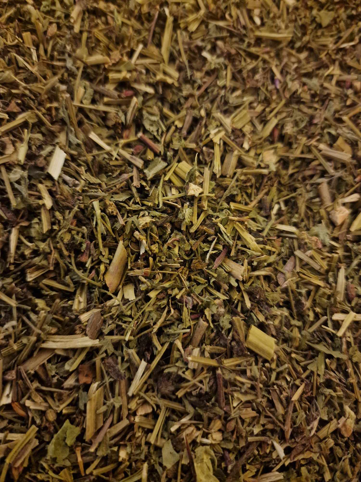 close up of dried and cut Organic Herb-Robert from Botanical Remedies herbal dispensary, an herbal remedy, loose herbal tea