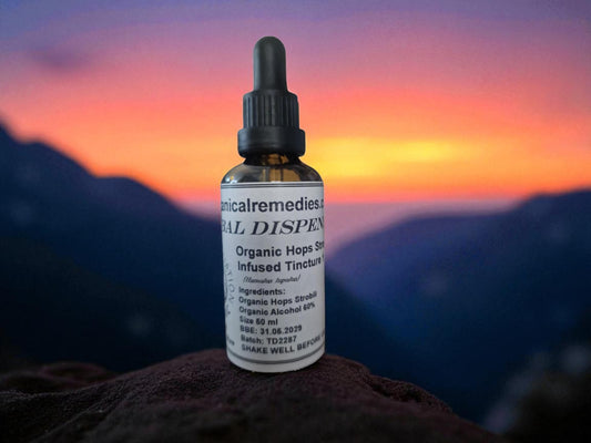 Dropper bottle contain Organic Hops strobile tincture, an herbal remedy