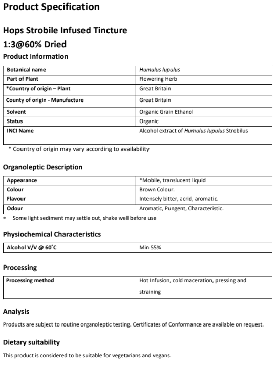 Product specification card for Organic Hops strobile tincture