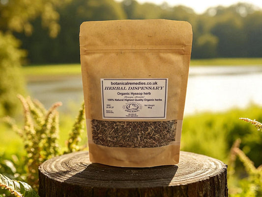 Kraft zipped package with 50 grams of organic hyssop herb from Botanical Remedies herbal dispensary, an herbal remedy, loose herbal tea