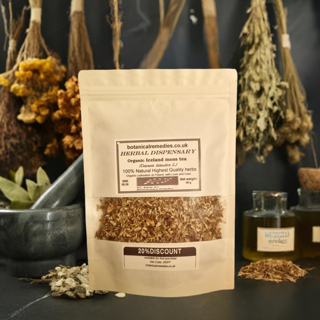 Package with Organic Iceland moss herbal , dried and cut, loose herbal tea, an herbal remedy