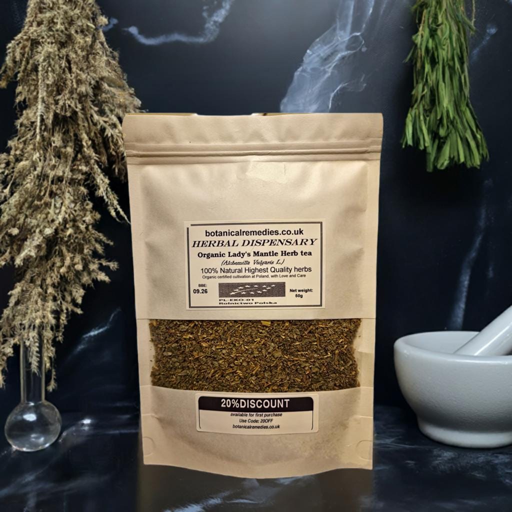 Package with Organic lady`s mantle her, loose herbal tea, an herbal remedy