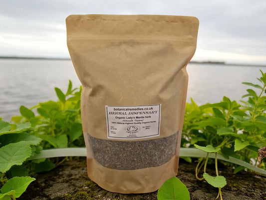 Package with Organic lady`s mantle herb from Botanical Remedies herbal dispensary, an herbal remedy, loose herbal tea