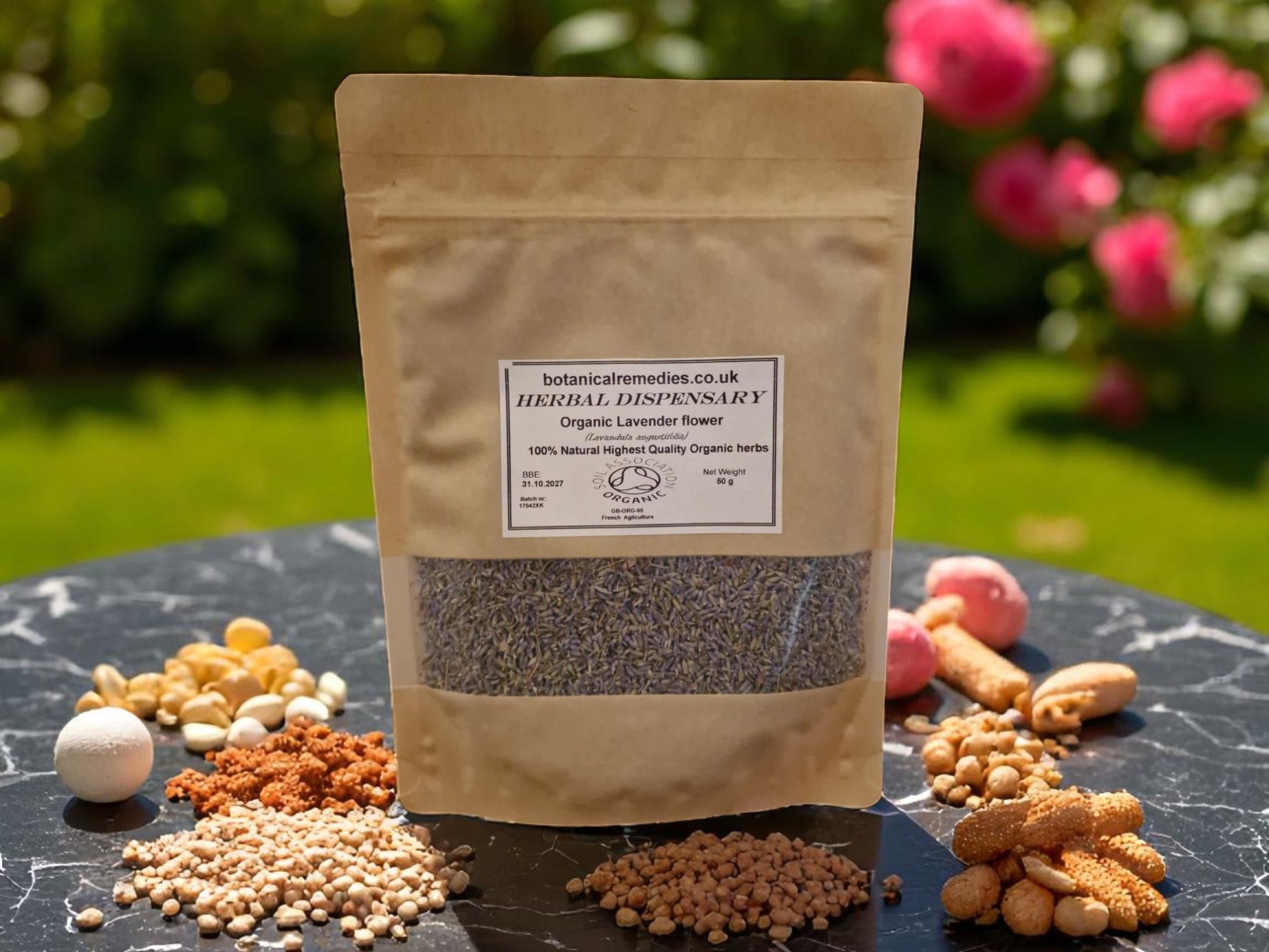 Package with Organic Lavender flowers from Botanical Remedies herbal dispensary, an herbal remedy, loose herbal tea