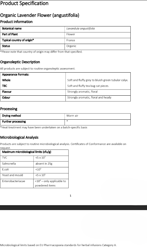 Organic Lavender flowers product specification