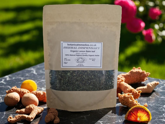 Package with Lemon Balm leaf from Botanical remedies herbal dispensary, loose herbal tea, an herbal remedy